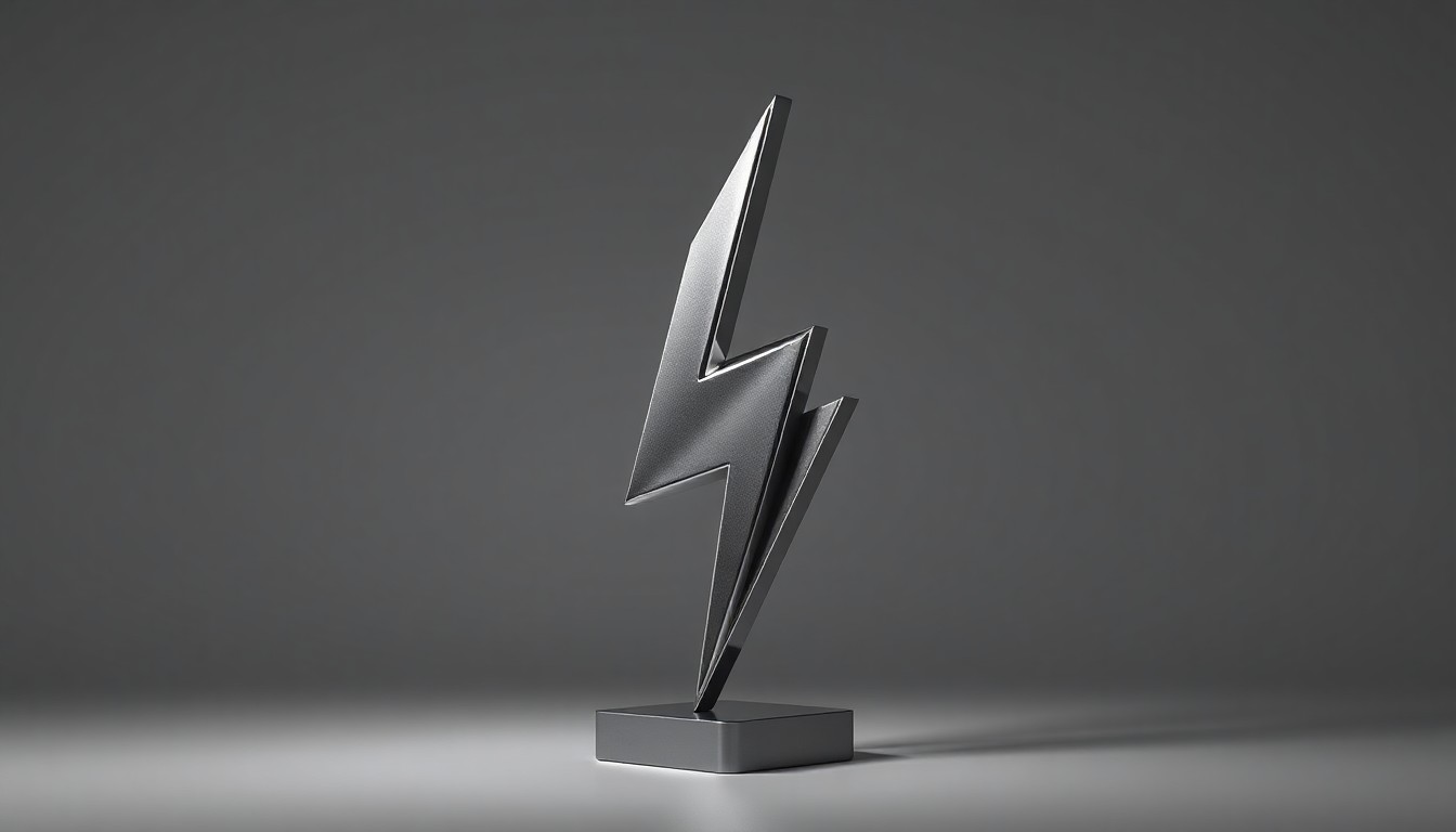 A photorealistic studio still-life image featuring a polished, geometric metal sculpture in the shape of a lightning bolt, floating on a clean, monochromatic grey background and dramatically lit to convey a sense of corporate strategy and market dynamics.