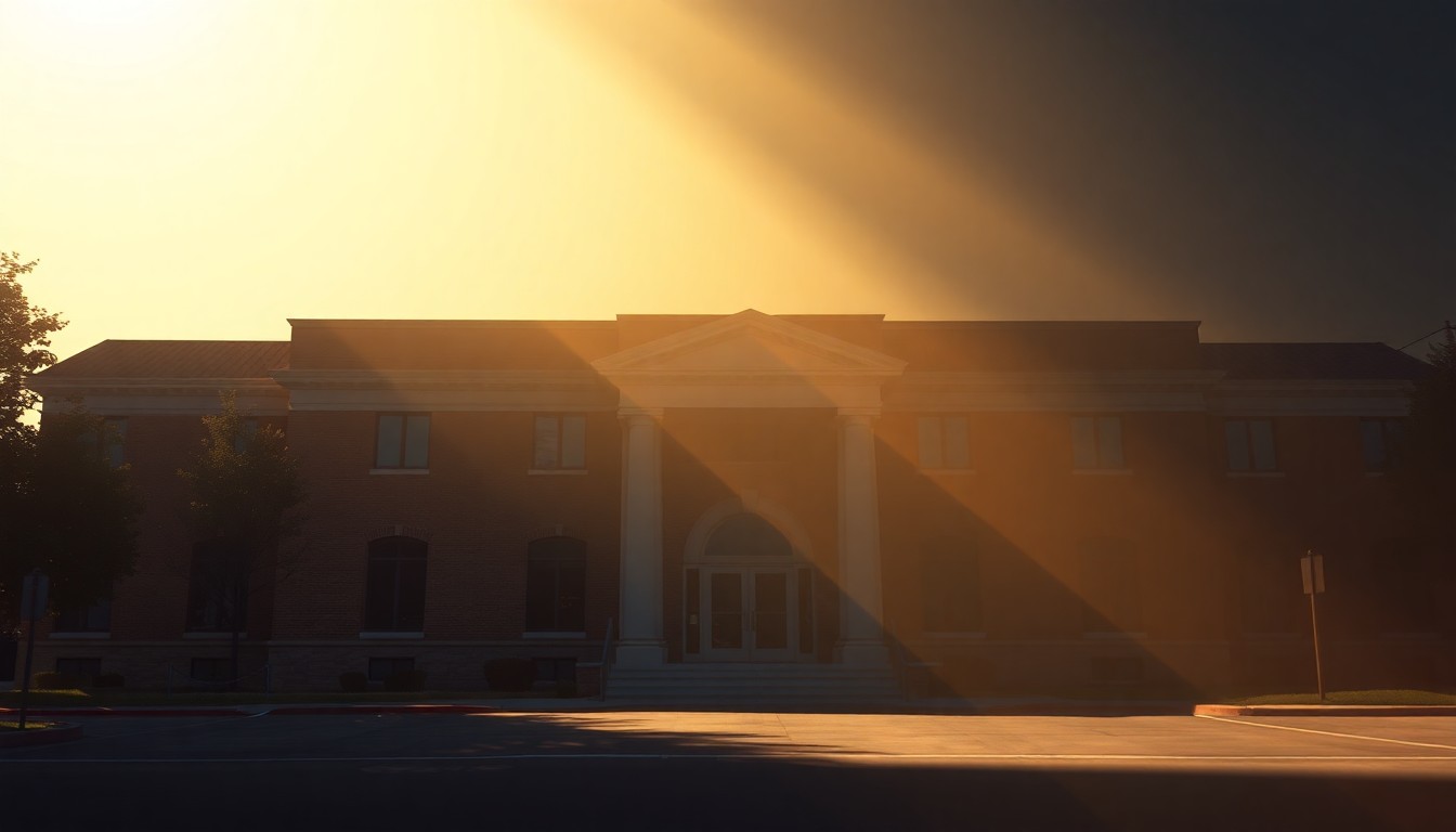 A serene, photorealistic painting of an empty county government office building, with warm sunlight streaming through the windows and deep shadows cast across the desks and chairs, conveying a sense of the gravity and importance of local political decisions.
