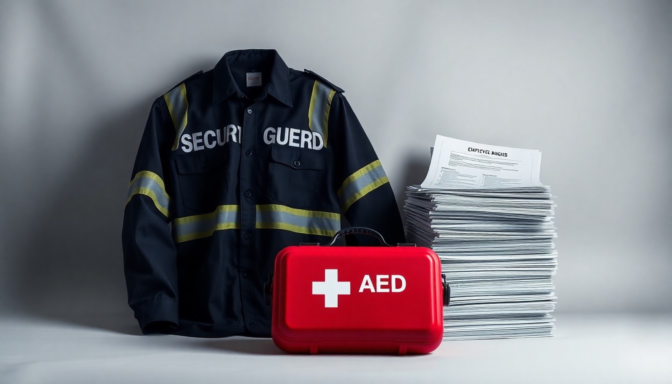 A high-end, photorealistic studio still-life photograph featuring a security guard uniform, a first aid kit, and a stack of papers representing employee benefits information, all arranged elegantly on a clean, monochromatic seamless background. The objects use sharp, dramatic studio lighting and deep shadows to represent the abstract concepts of worker rights, workplace safety, and corporate responsibility.