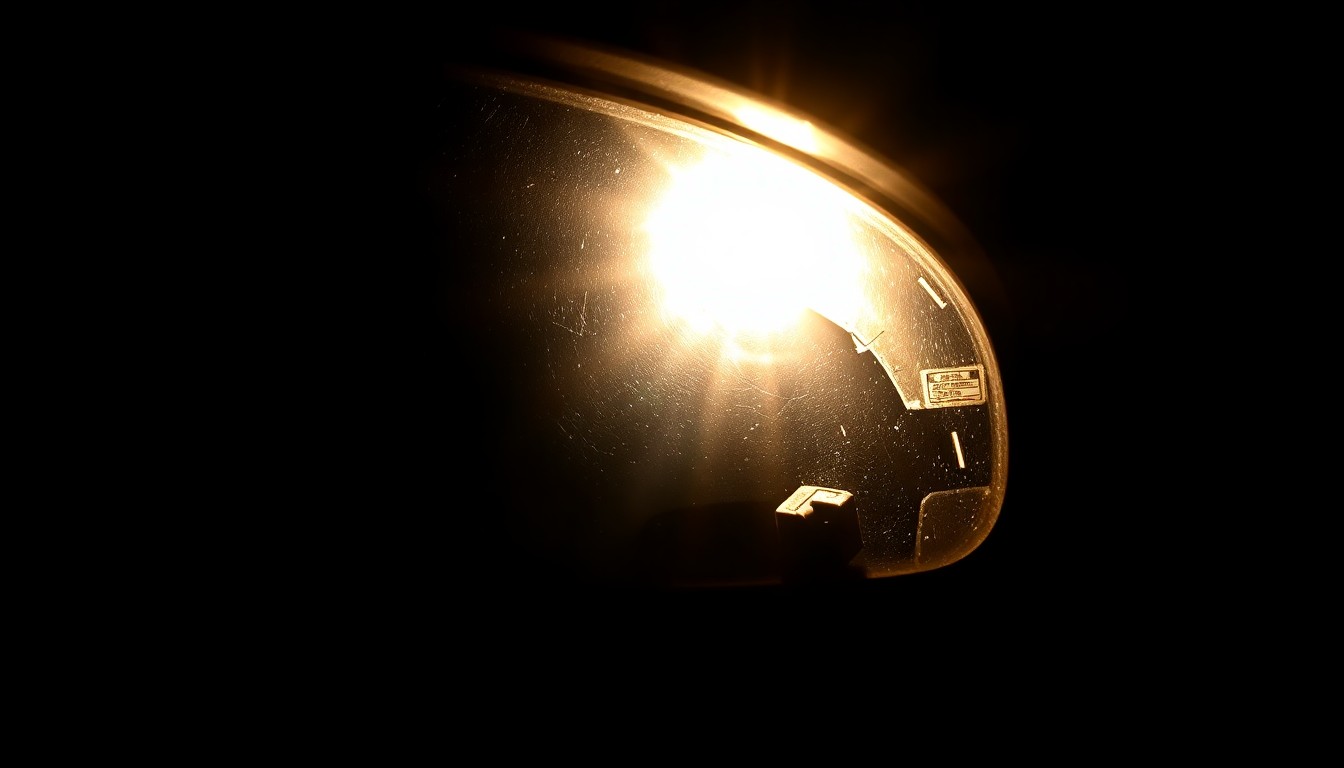 An extreme close-up photograph of a damaged car sensor or mirror, lit by a harsh, direct camera flash against a pitch-black background, conceptually illustrating the aftermath of a collision between a horse and a vehicle.