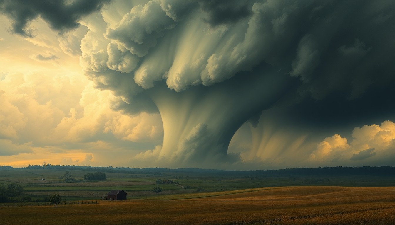 A sweeping, atmospheric landscape painting depicting a massive tornado cutting across the rural Illinois countryside, its violent power dwarfing any physical structures or objects in its path.