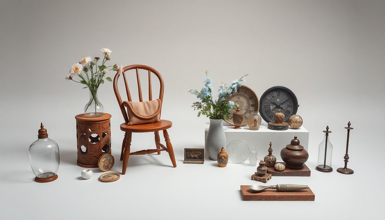 A high-end, photorealistic studio still-life photograph featuring an elegant arrangement of vintage-inspired home decor items, including an upcycled wooden chair, a vase of fresh flowers, and a collection of antique trinkets and knick-knacks, conceptually representing the unique retail experience and community-driven values of The Farmer's Wife in Auburn, Nebraska.