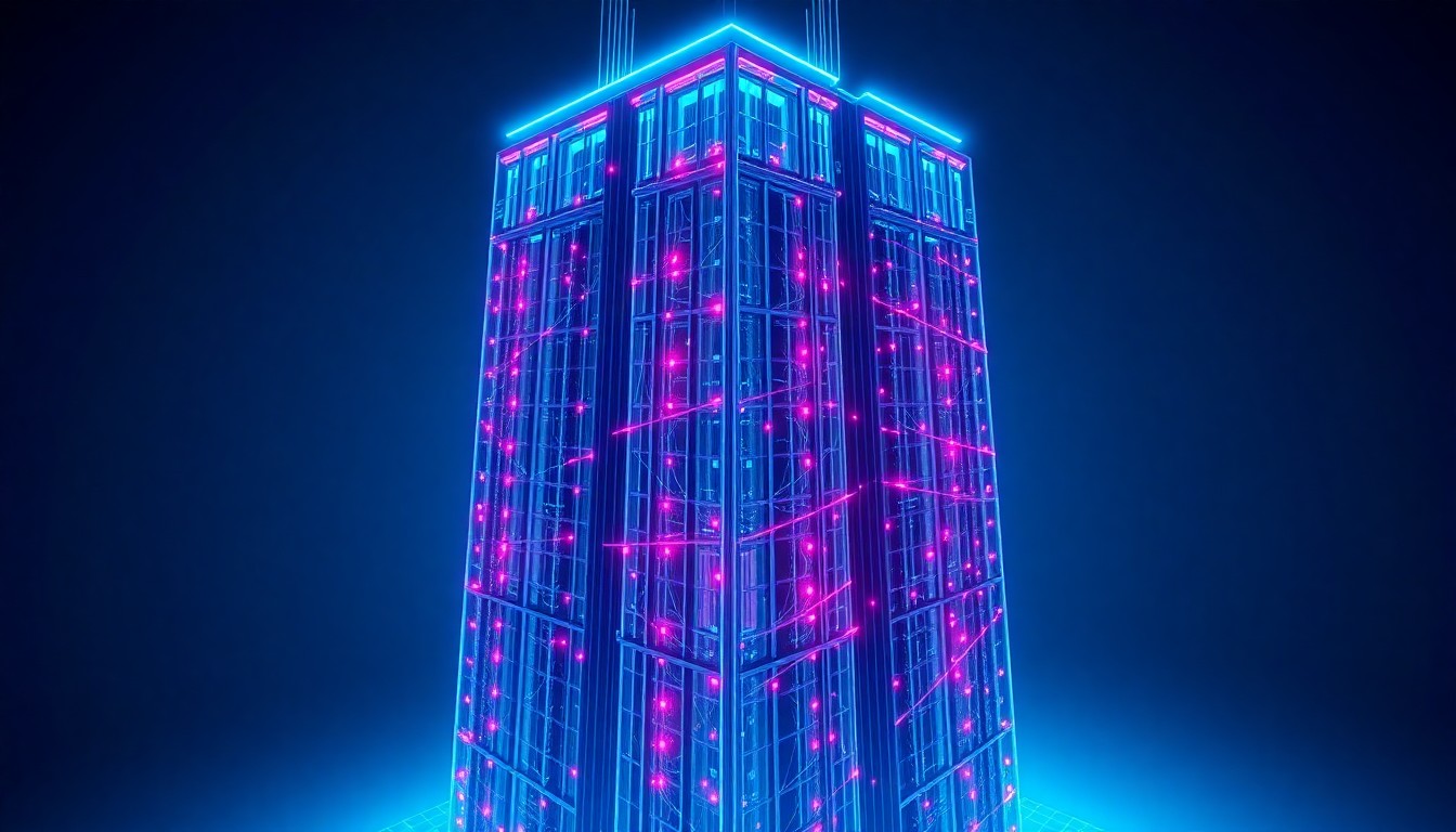 A highly detailed, glowing 3D illustration of a digital twin model of a high-rise building, with neon cyan and magenta lights illuminating the building's structure, sensors, and data flows, conceptually representing Magma's blockchain-powered platform for digitizing real estate.