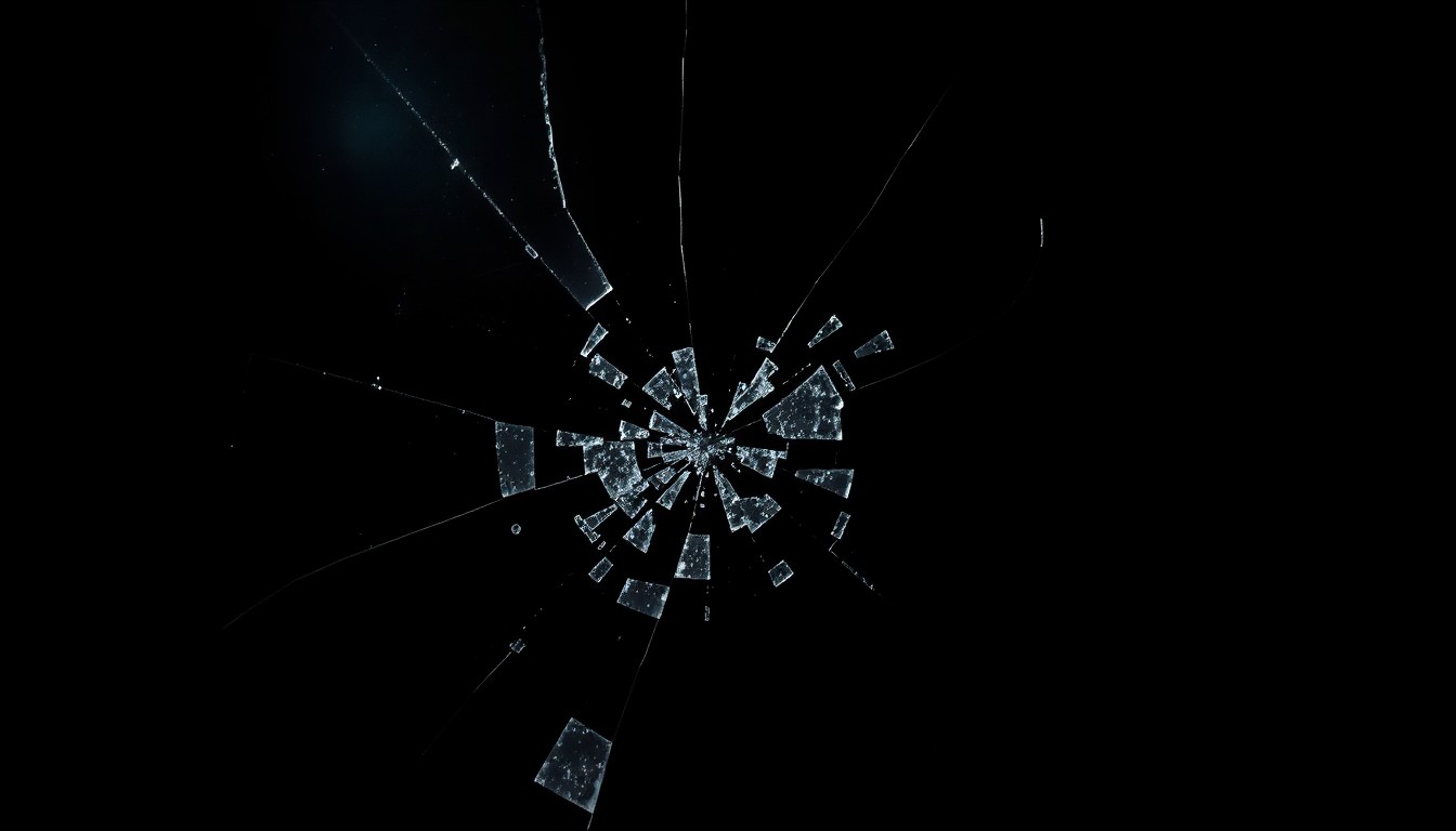 An extreme close-up photograph of shattered glass from a jewelry display case, lit by a harsh, direct camera flash against a pitch-black background, conveying the gritty, investigative nature of the crime scene.