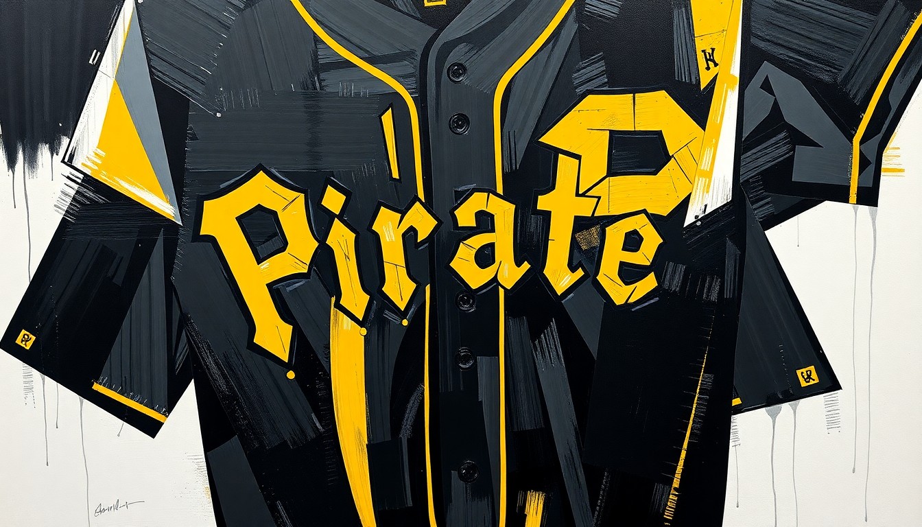 A cubist-style painting depicting the Pittsburgh Pirates' new City Connect baseball jersey, with the design broken down into sharp, overlapping geometric shapes in the team's signature black and gold colors, capturing the uniform's intentional and symbolic elements.