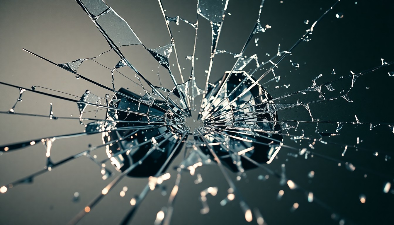An abstract close-up image of shattered glass and cracked chrome surfaces, captured in dramatic high-contrast studio lighting to convey a sense of tension and fragmentation.