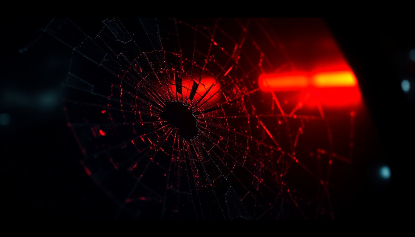 An extreme close-up photograph of shattered car window glass reflecting a faint red light, creating a stark, gritty, and investigative aesthetic that conceptually represents the aftermath of a violent police encounter.
