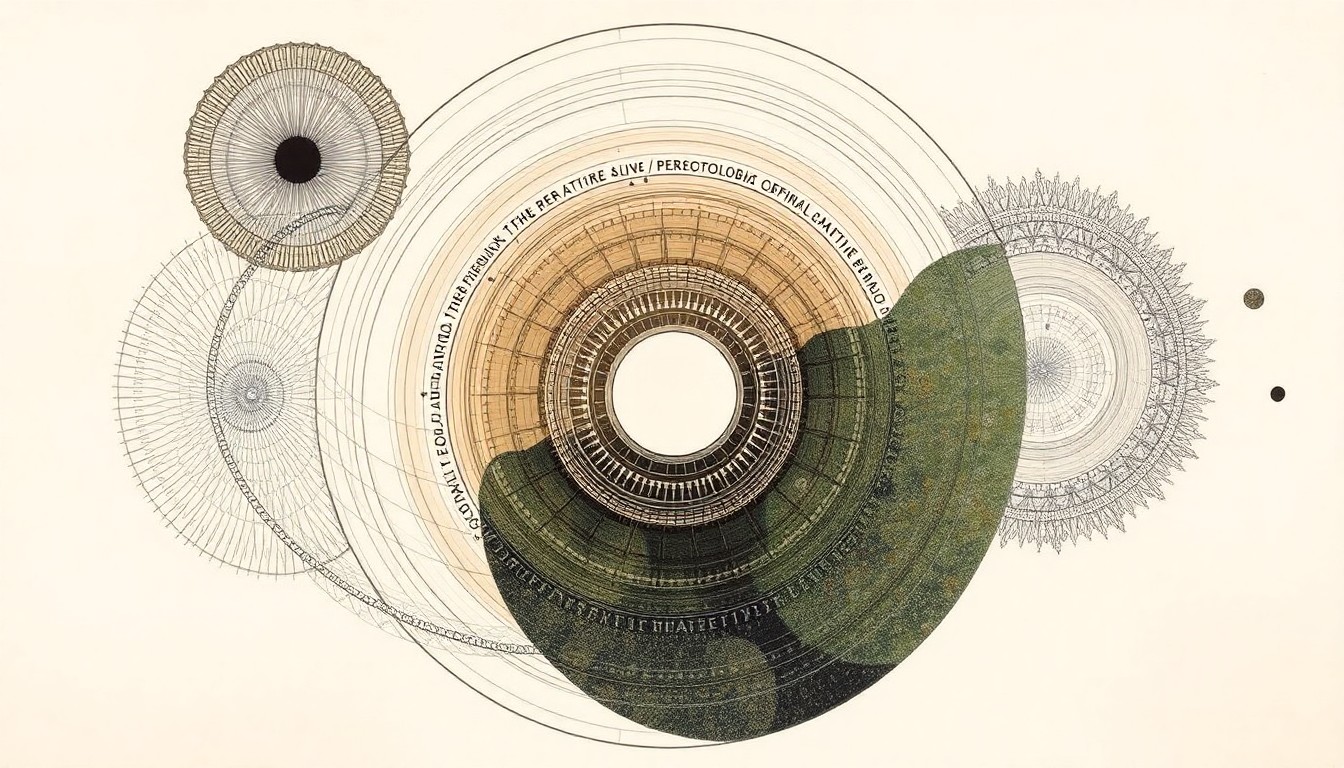 A highly structured abstract painting in soft, earthy tones featuring sweeping geometric arcs, concentric circles, and precise botanical spirals, conceptually representing the complex natural and human factors behind the spread of the invasive nutria species in California.
