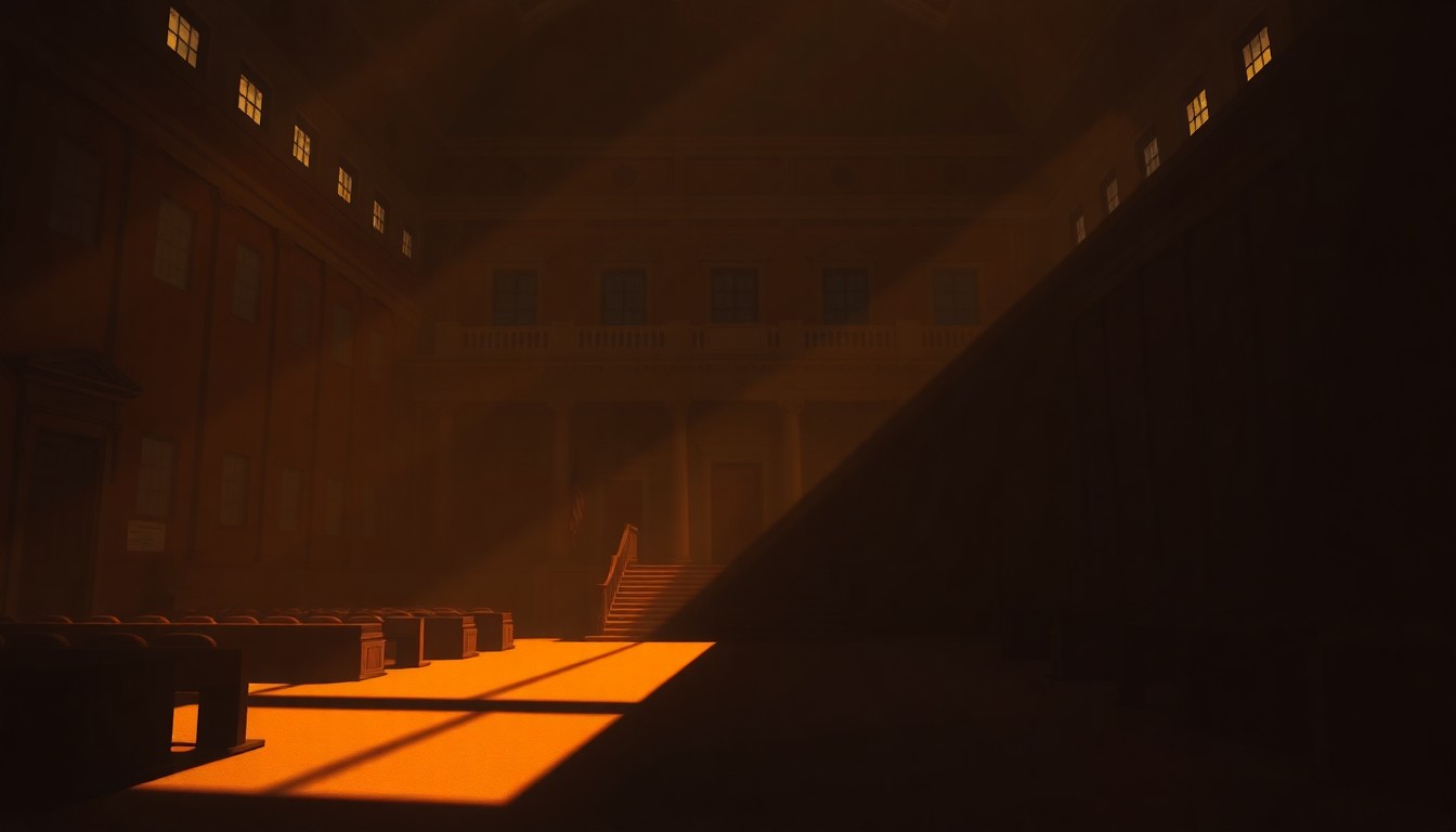 A dimly lit, cinematic painting of a government building or legislative chamber, with warm sunlight streaming through the windows and deep shadows across the facade, conveying a sense of quiet contemplation around the political decision-making process.