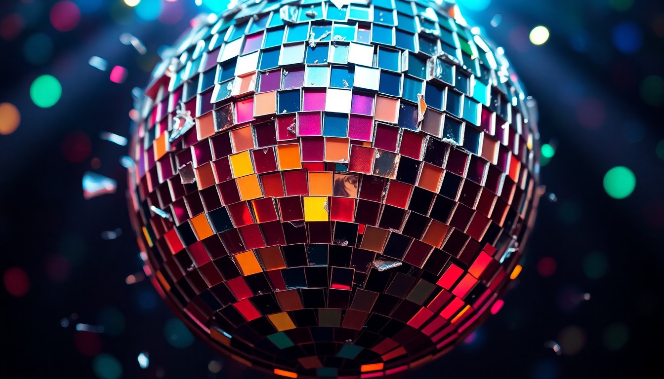 An abstract close-up photograph featuring the shattered, reflective surface of a disco ball, creating a kaleidoscope of colorful lights and textures that conceptually represent the glamour and drama of celebrity culture.