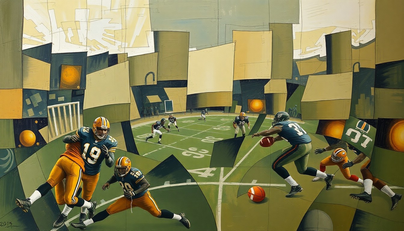 A fragmented, cubist-style painting depicting a football game or quarterback action, with sharp, overlapping geometric shapes in muted earth tones, conveying the complexity of the Jets' quarterback decision.