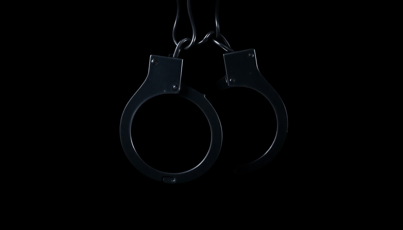 An extreme close-up photograph of a pair of metal handcuffs against a pitch-black background, lit by a harsh, direct camera flash, creating a stark, gritty, investigative aesthetic.