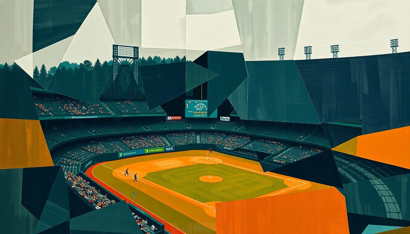 A fragmented, geometric painting depicting a baseball game, with sharp planes of navy, green, and orange overlapping to create a dynamic, abstract representation of the action on the field.