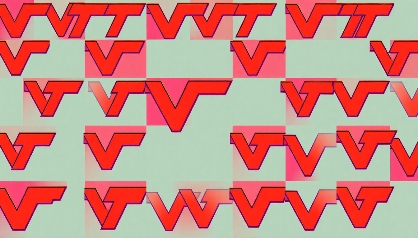 A bold, colorful silkscreen-style illustration featuring the iconic Virginia Tech Hokie logo repeated in a grid pattern, capturing the university's energy and school pride.