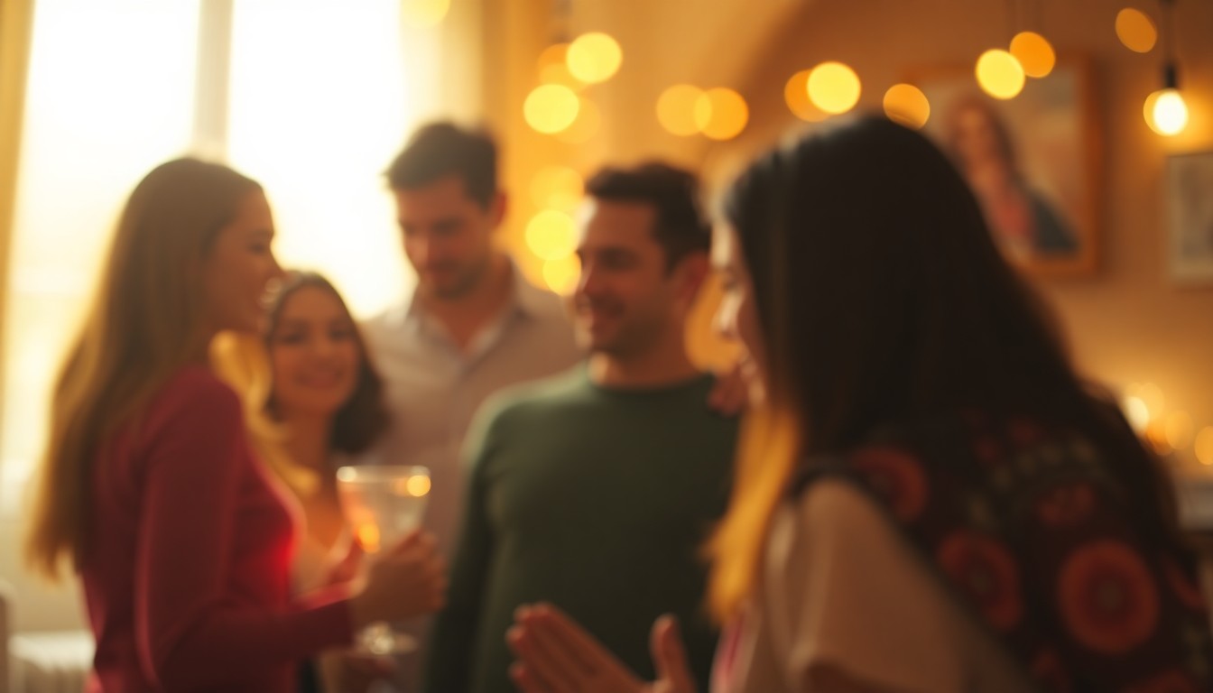 An abstract, impressionistic photograph featuring blurred figures in a warm, softly lit setting, conveying the celebratory mood of a family gathering.
