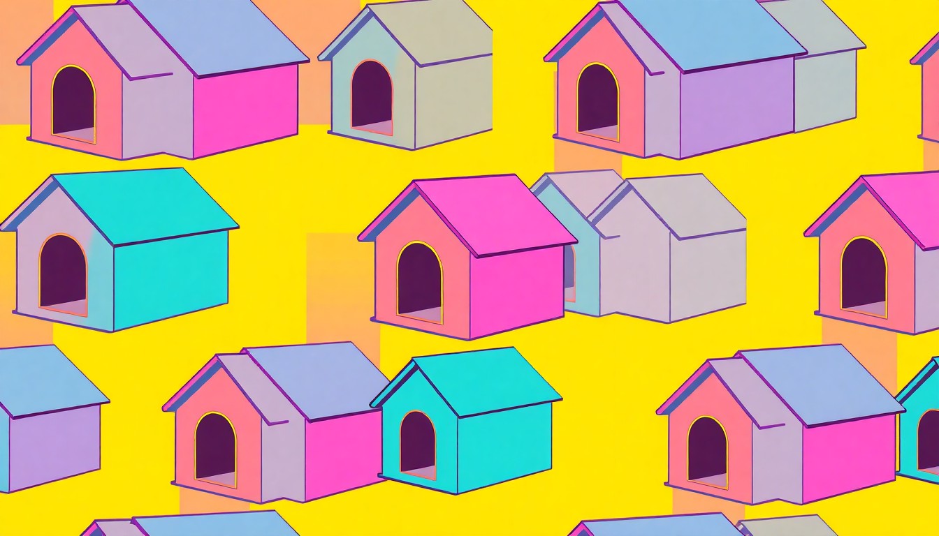 A vibrant, high-contrast silkscreen print featuring a repeated image of a cat house in bold neon colors and heavy black outlines, conceptually representing the modern and stylish design of this new pet product.