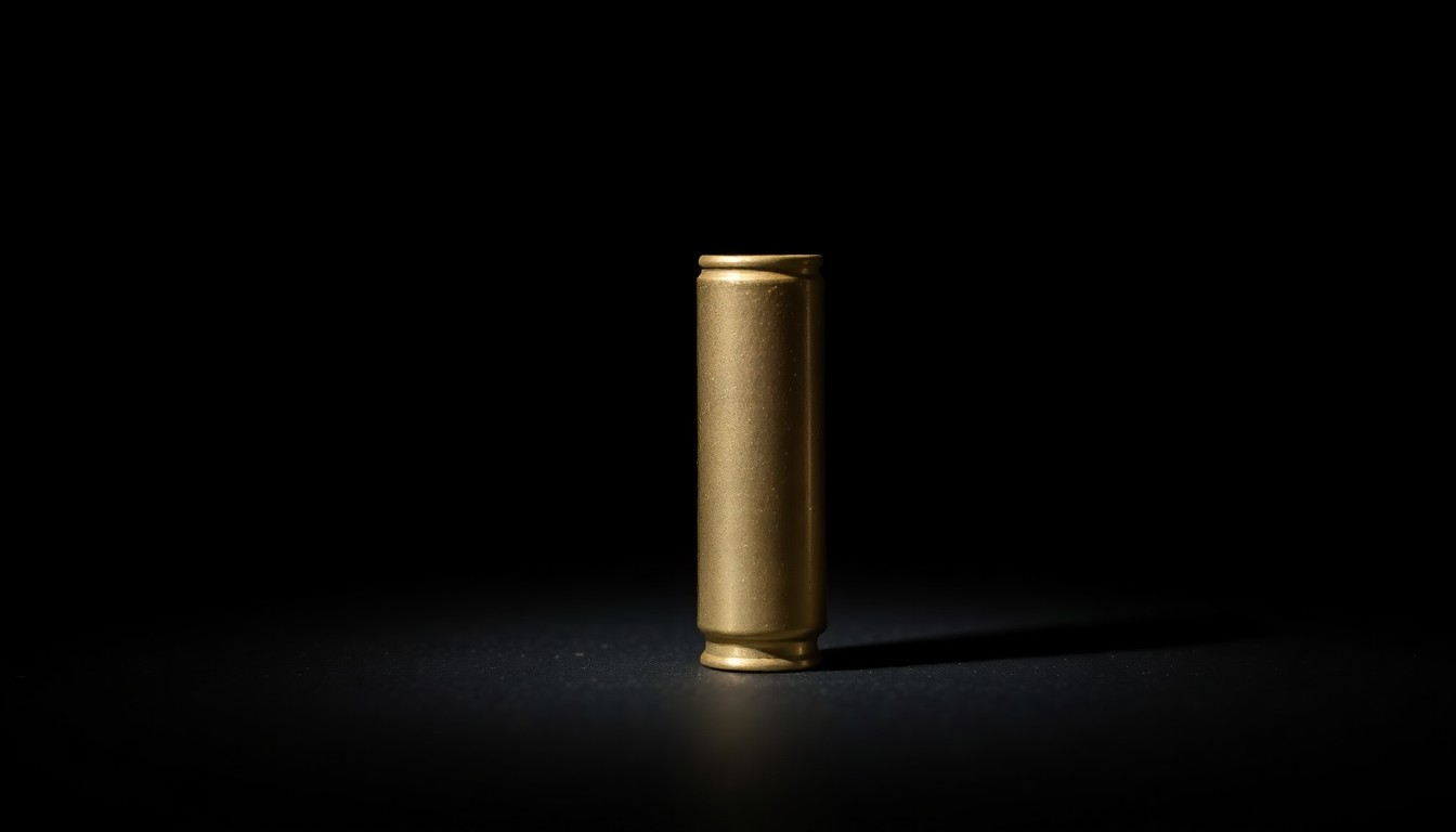 An extreme close-up of a shiny, metallic bullet casing against a pitch-black background, conceptually representing the physical evidence left behind after a violent incident.