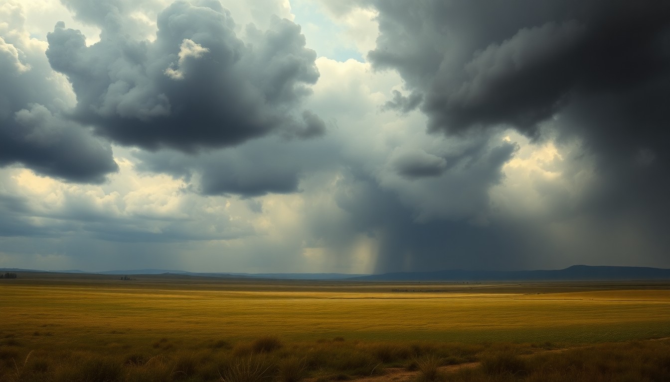 A sweeping, atmospheric landscape painting in muted tones of gray, blue, and green, depicting a vast, stormy prairie under a dramatic, cloud-filled sky. The scene conveys the overwhelming power and scale of the weather, with any physical structures or objects dwarfed by the natural elements.
