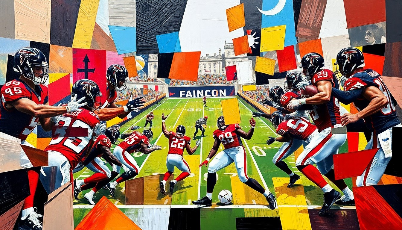 A fractured, cubist-style painting depicting a football game in progress, with the players and field broken down into sharp, overlapping geometric shapes and planes in the Falcons' team colors of red, black, and white.