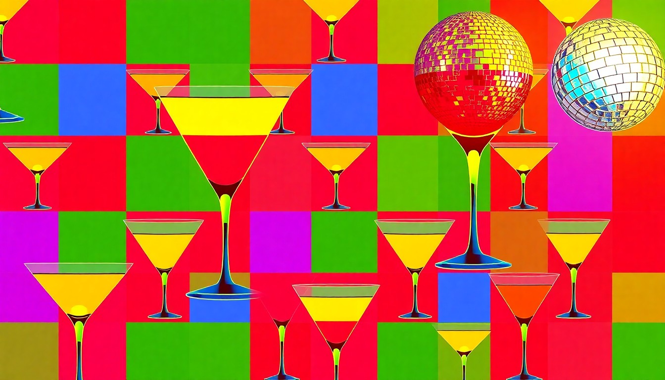 A high-contrast, silkscreen-style illustration featuring a repeating pattern of a cocktail glass and disco ball in bright neon colors, conceptually representing the vibrant energy and inclusive atmosphere of the new Belmont and Decibel venue.