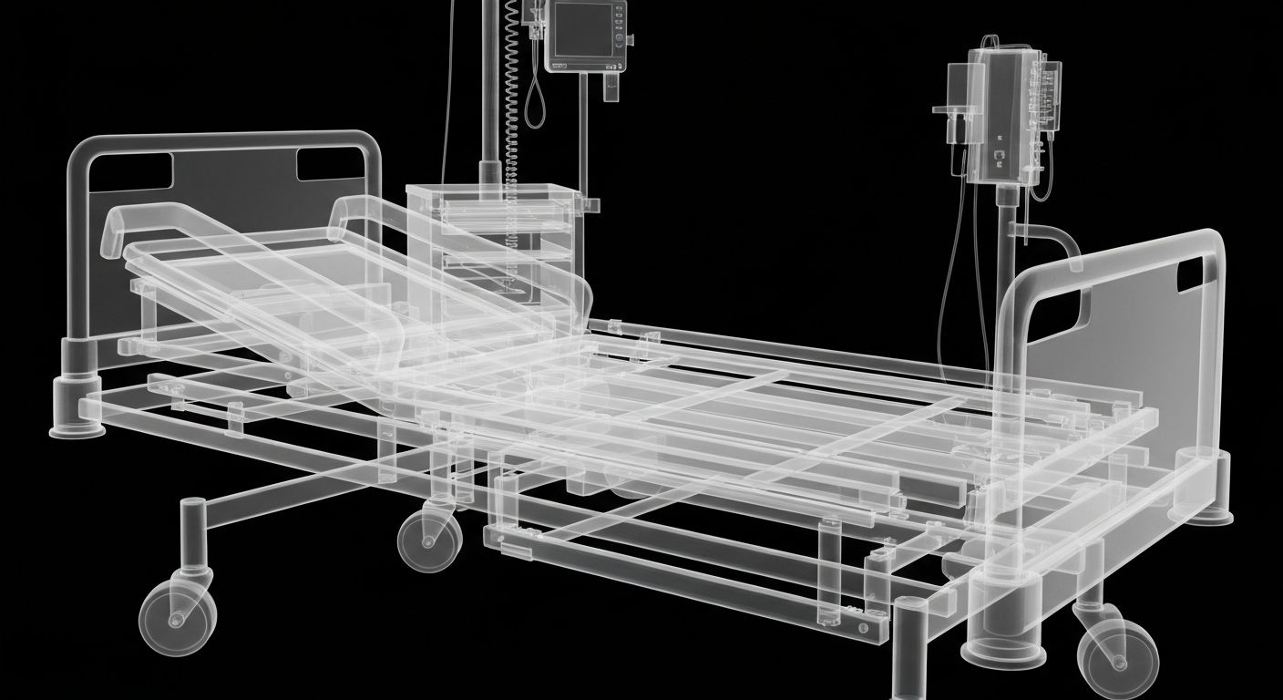 An extreme close-up X-ray photograph revealing the internal structure of a hospital bed frame and medical equipment as glowing, ghostly lines against a dark background, conceptually representing the expansion of specialized care at a community hospital.