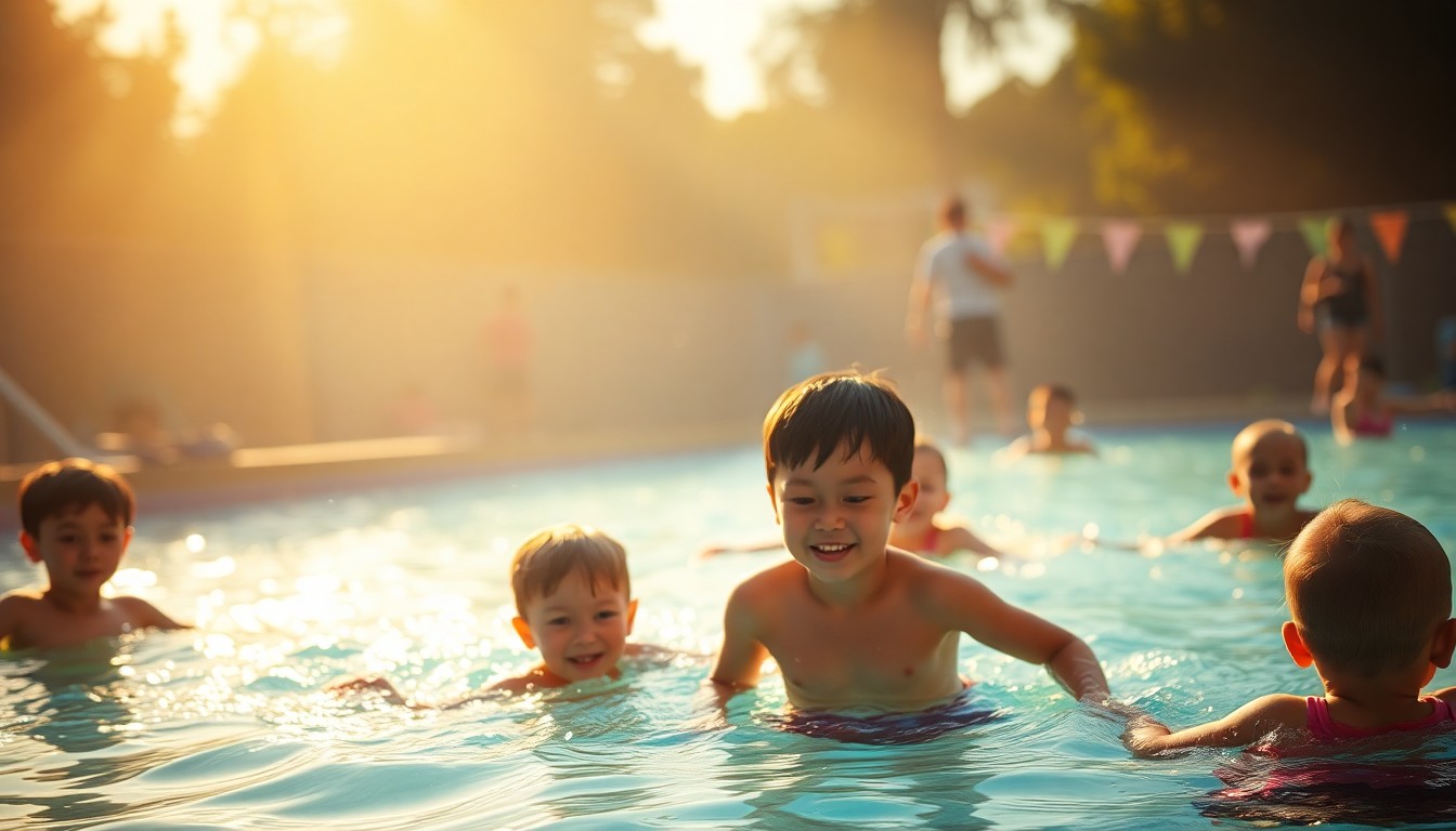 An abstract, out-of-focus photograph depicting the blurred silhouettes of children playing in a community swimming pool, with warm, golden light and color creating a soft, dreamlike atmosphere.