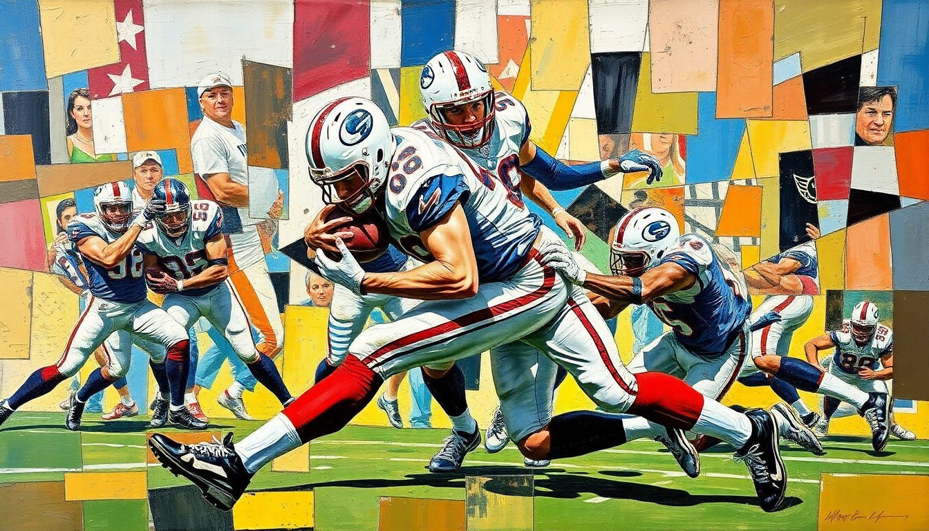 A fragmented, geometric painting depicting a defensive tackle making a tackle, with sharp, overlapping planes of color and form capturing the raw energy and movement of the play.