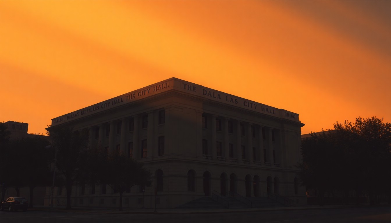A photorealistic painting of the Dallas City Hall building, its facade and windows reflected in a puddle on the ground, with the structure bathed in warm, golden light and deep shadows, evoking a sense of nostalgic urban tranquility.