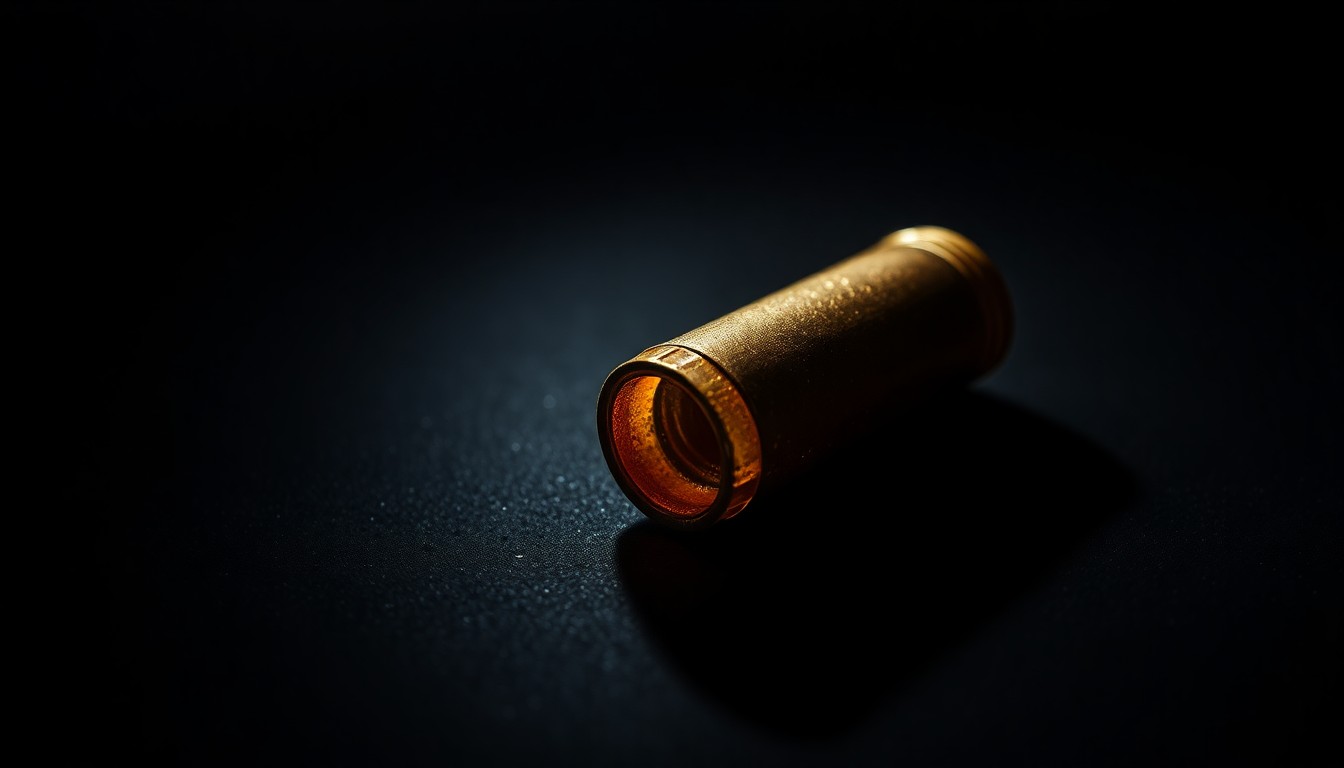 An extreme close-up of a spent bullet casing on a dark surface, reflecting a harsh, direct camera flash. The dramatic lighting and stark contrast create a gritty, investigative aesthetic that conceptually represents the violent incident at the center of this legal case.