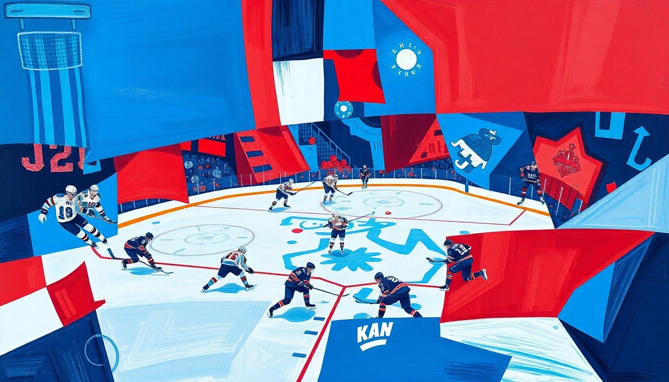 A cubist, geometric painting depicting a hockey game, with sharp, overlapping planes of blue, red, and white colors representing the Kraken's team colors, conceptually illustrating the team's complex challenges.