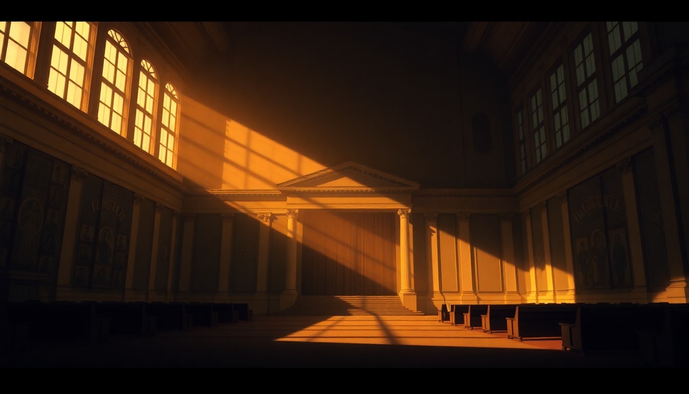 A serene, cinematic painting of a government building or legislative chamber, with warm sunlight streaming through the windows and deep shadows across the facade, conveying a sense of contemplation and the weight of political decisions.