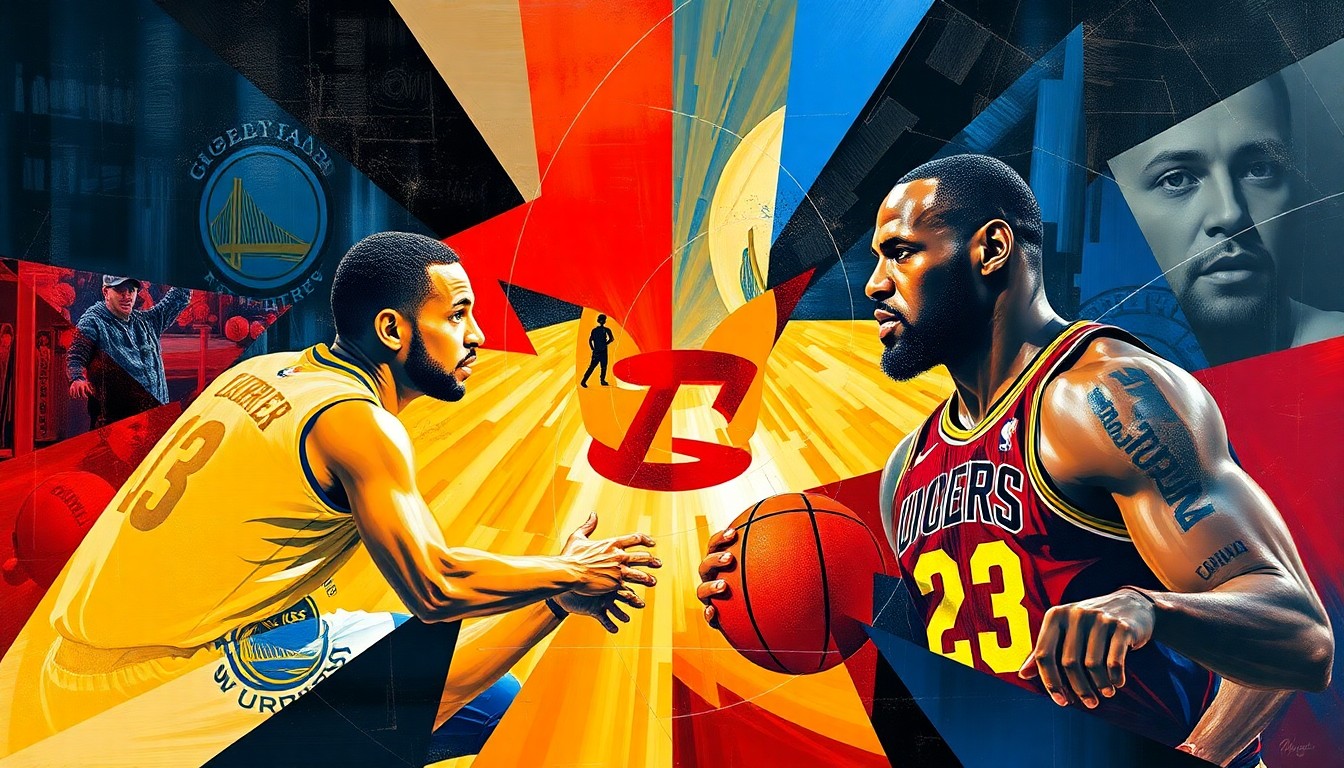 A cubist, geometric painting depicting the action of a basketball game, with the players' forms fragmented and abstracted into sharp, overlapping shapes and planes of color, conveying the intensity and dynamism of the legendary Curry-LeBron rivalry.