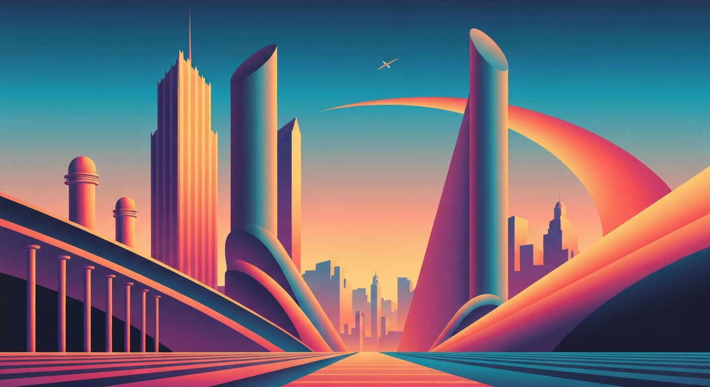 A highly stylized, geometric illustration depicting the grand scale and sweeping perspectives of air travel, with smooth gradients and streamlined forms conveying the uncertainty and volatility in the industry due to fluctuating fuel prices.
