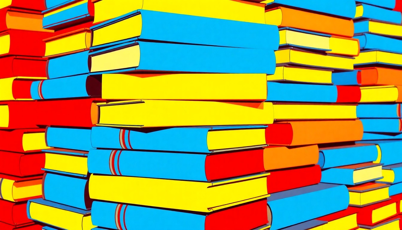 A brightly colored, high-contrast silkscreen print of a stack of college textbooks in vibrant shades of blue, yellow, and red, repeated in a tight grid pattern, conceptually representing the diversity and academic mission of the university.