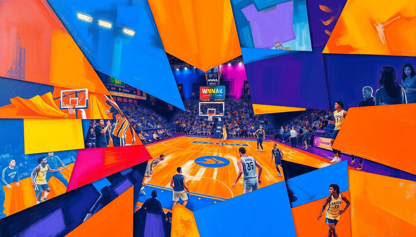 A fractured, multi-perspective painting in bold, geometric shapes and vibrant colors, capturing the dynamic energy and shifting perspectives of a WNBA basketball game or match.