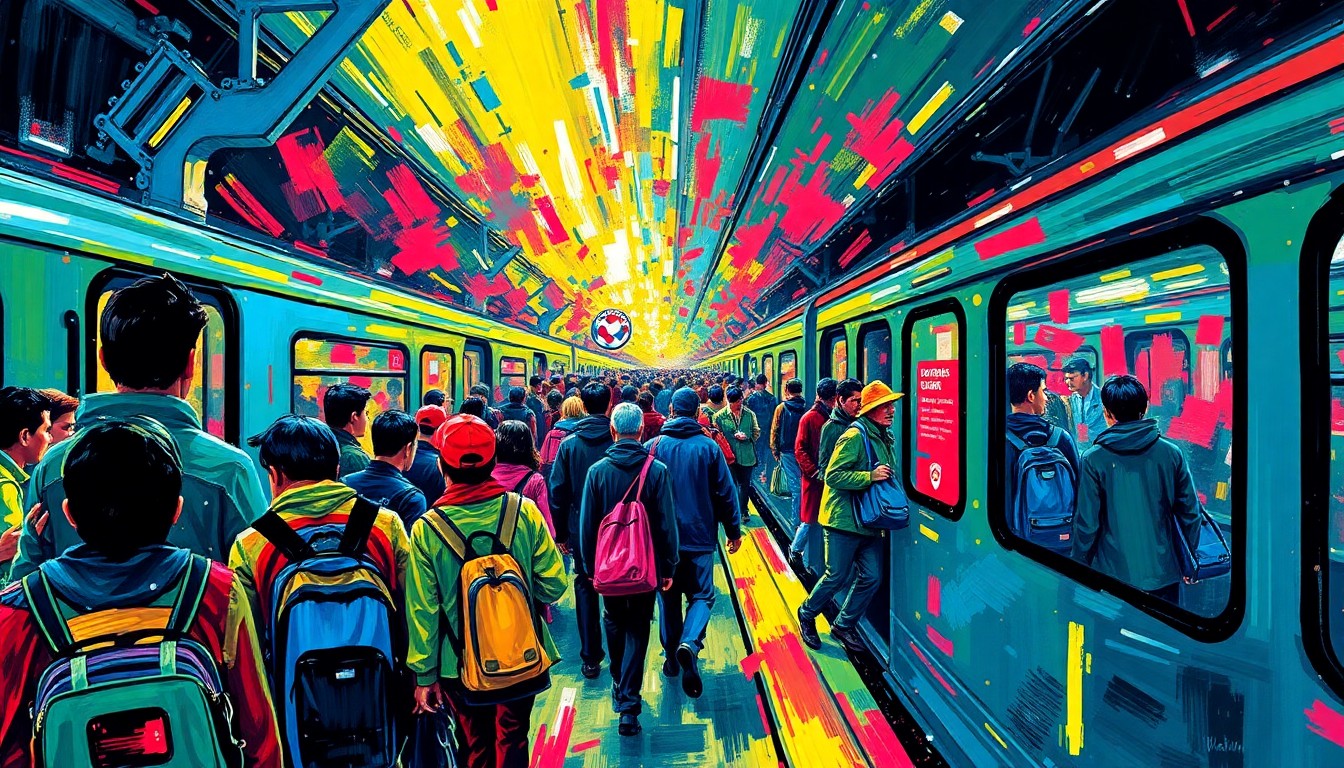 An abstract, expressionist painting in neon colors depicting the frenetic energy of a crowded train platform, with passengers rushing to board trains headed to a World Cup match.