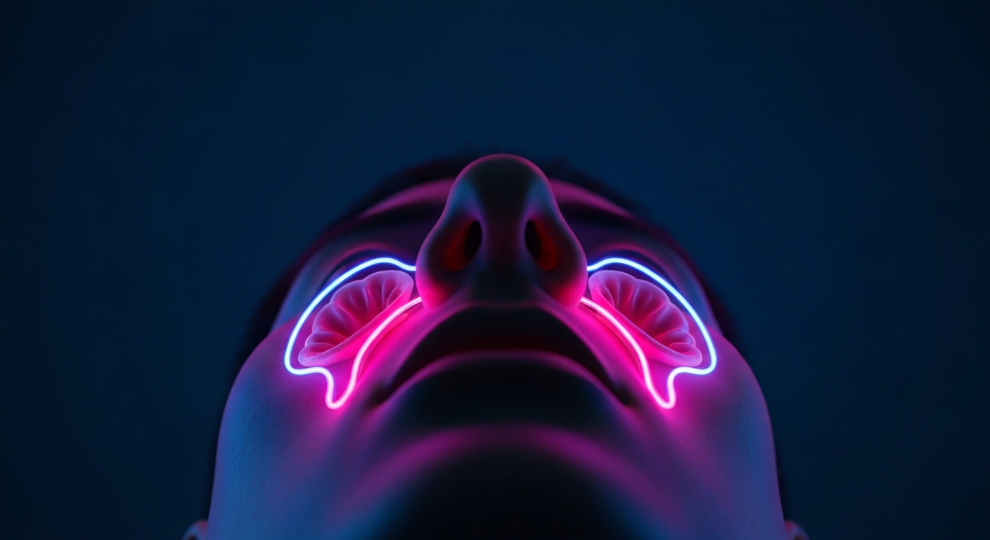 A vibrant neon outline of a human nose and sinus cavities, representing the impact of seasonal allergies on the body.