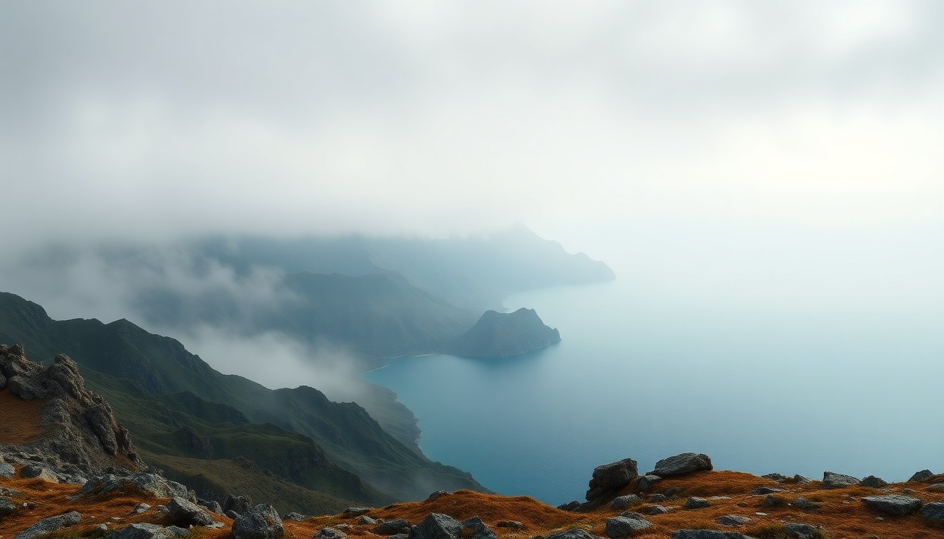 A sweeping, atmospheric landscape painting in muted tones of grey and blue, capturing the rugged, windswept terrain of Catalina Island shrouded in heavy fog. The island's silhouette fades into the distance, dwarfed by the overwhelming scale of the natural environment.