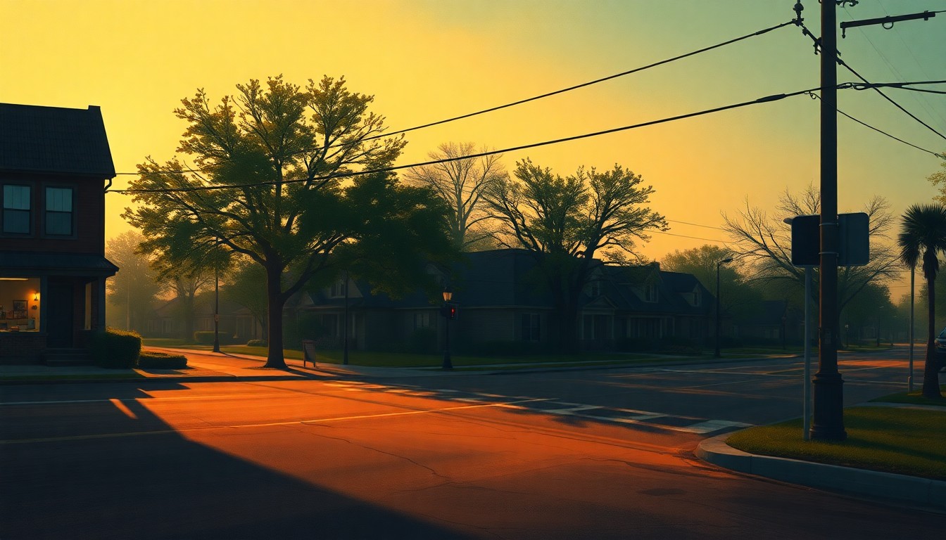 A serene, nostalgic painting of an empty city street corner in soft, warm tones, conceptually representing the tensions over urban renewal plans in a Tulsa neighborhood.