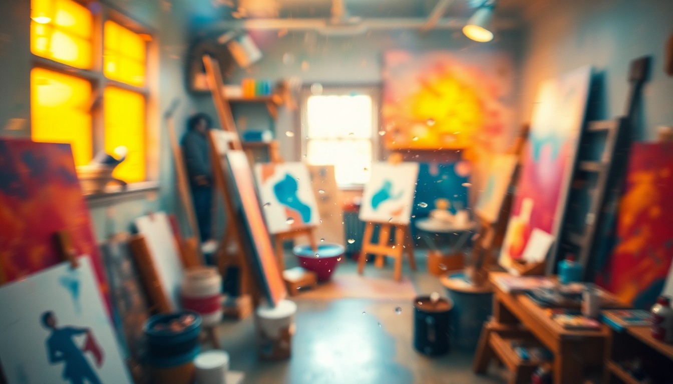 An abstract, impressionistic scene of an art studio filled with blurred brushes, canvases, and other artistic tools and materials, all bathed in a warm, hazy glow of light, conveying the creative energy and community focus of the residency program.