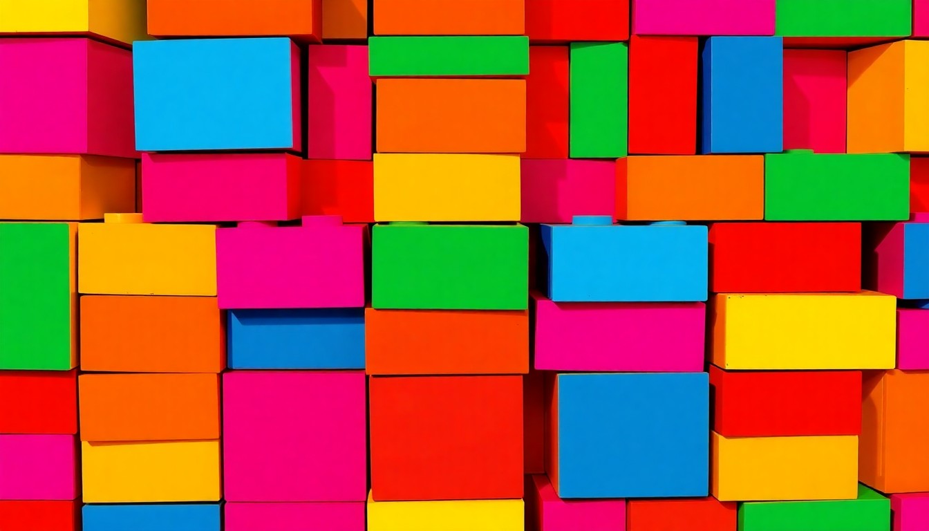 A vibrant, high-contrast silkscreen illustration of a stack of colorful children's building blocks repeated in a grid pattern, conceptually representing the importance of child care workers and the programs that support them.