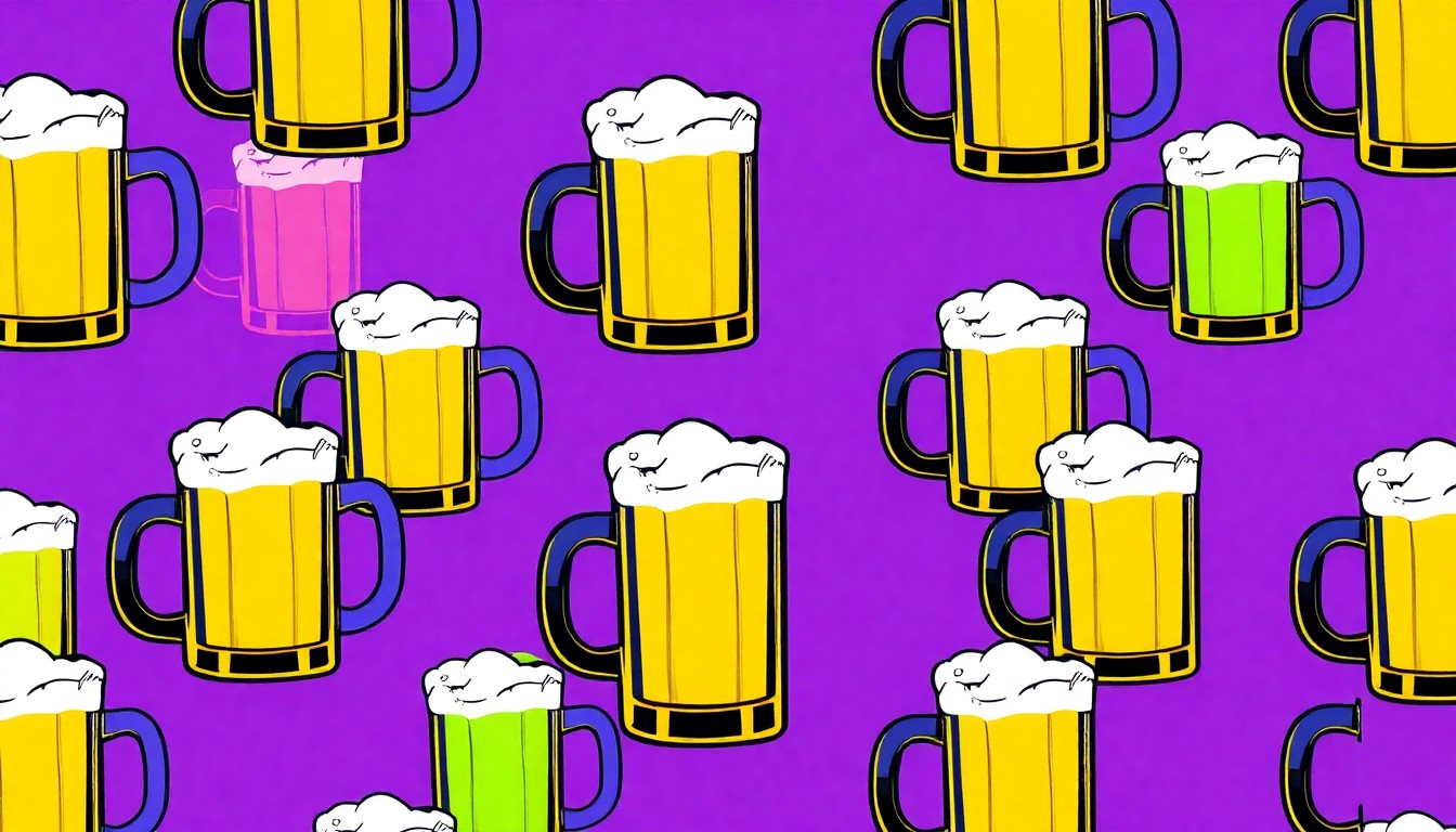 A bold, colorful silkscreen illustration featuring a repeated pattern of a beer mug or cocktail glass in bright neon hues, conceptually representing the lively atmosphere of a new neighborhood bar opening.