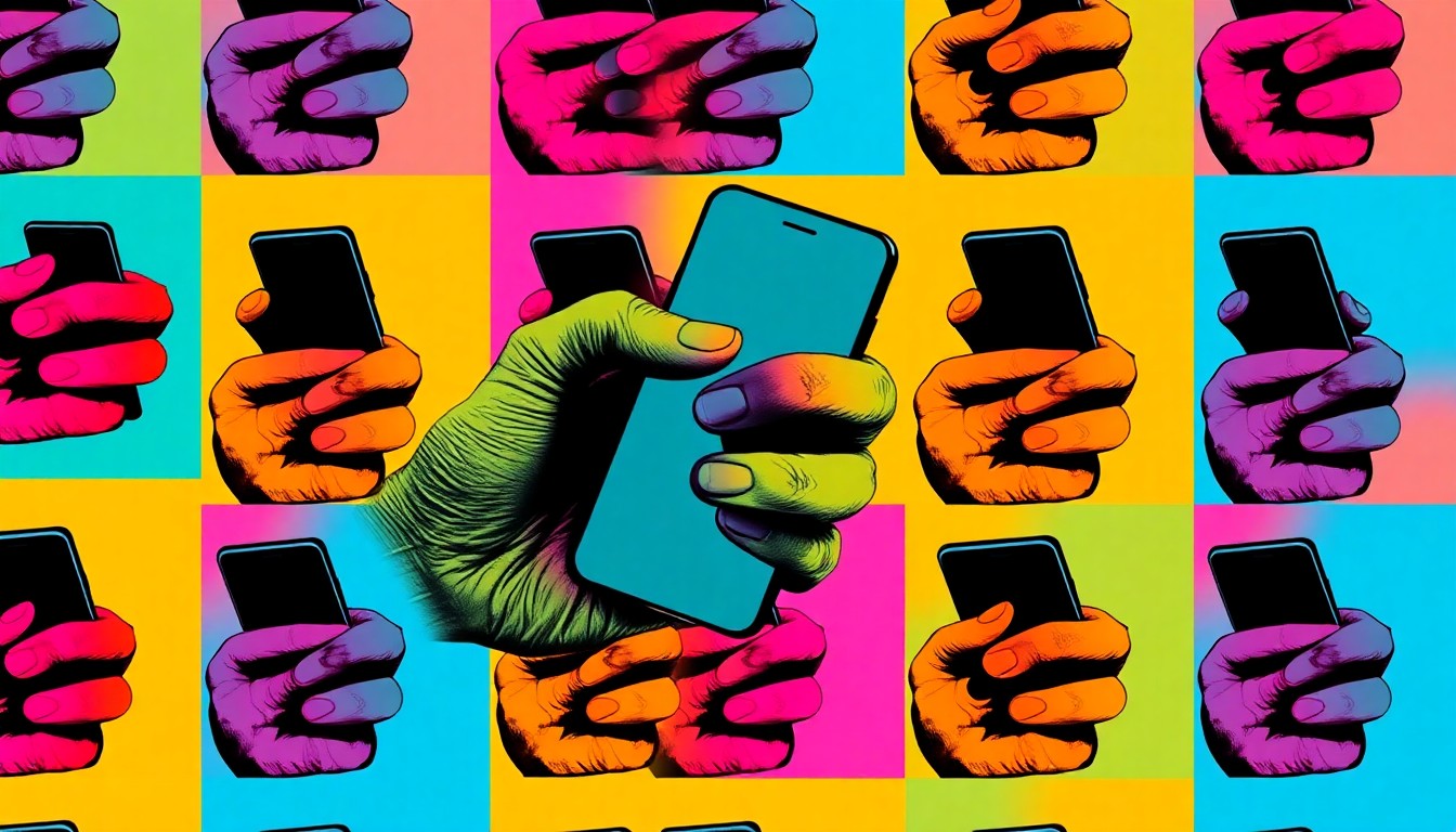 A brightly colored, high-contrast silkscreen print of a senior citizen's hand holding a smartphone, repeated in a tight grid pattern, conceptually representing the need to educate older adults on avoiding technology-based scams.