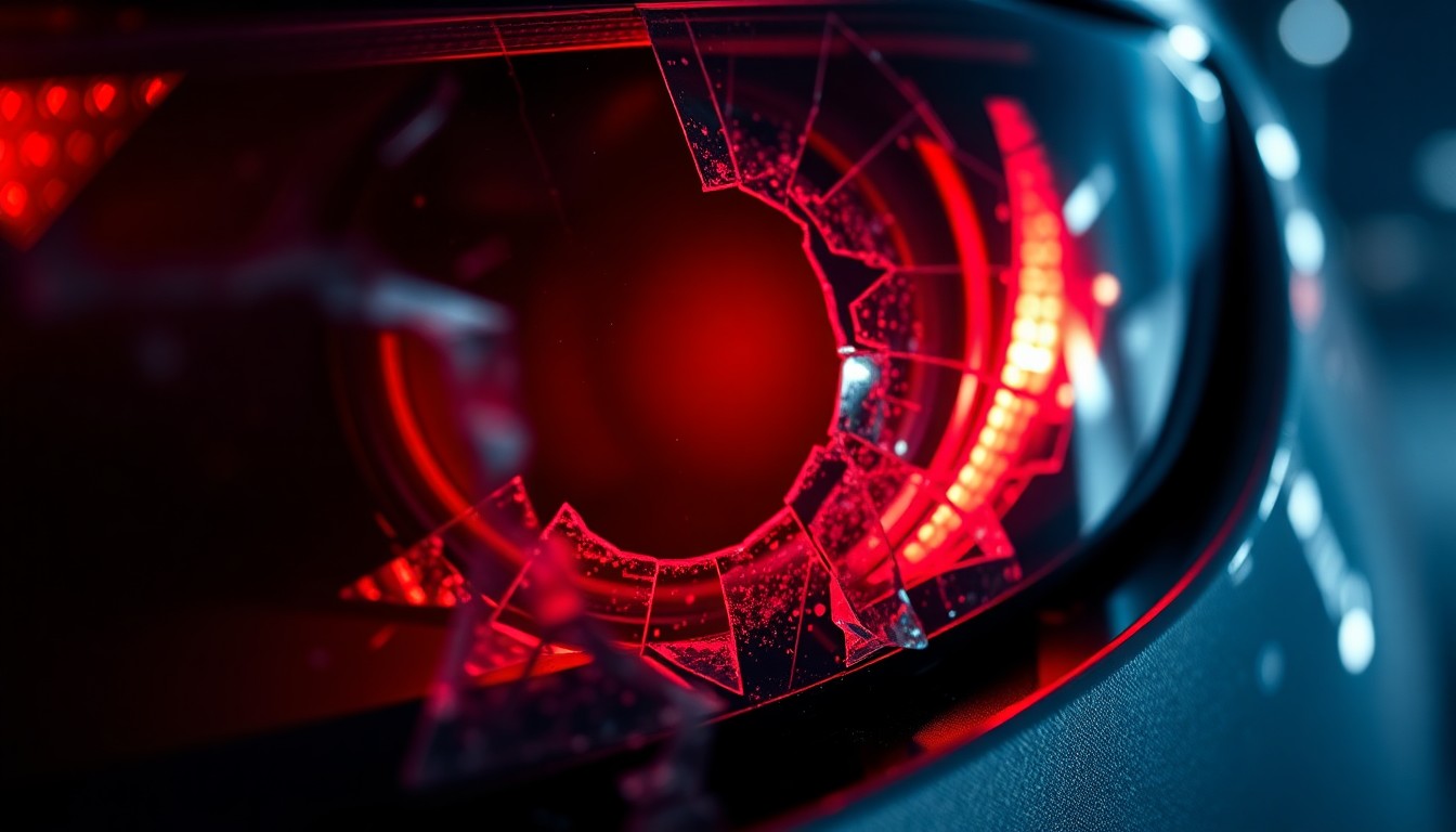 An extreme close-up of a shattered car sensor lens reflecting a faint red light, conceptually illustrating the vandalism of self-driving cars.