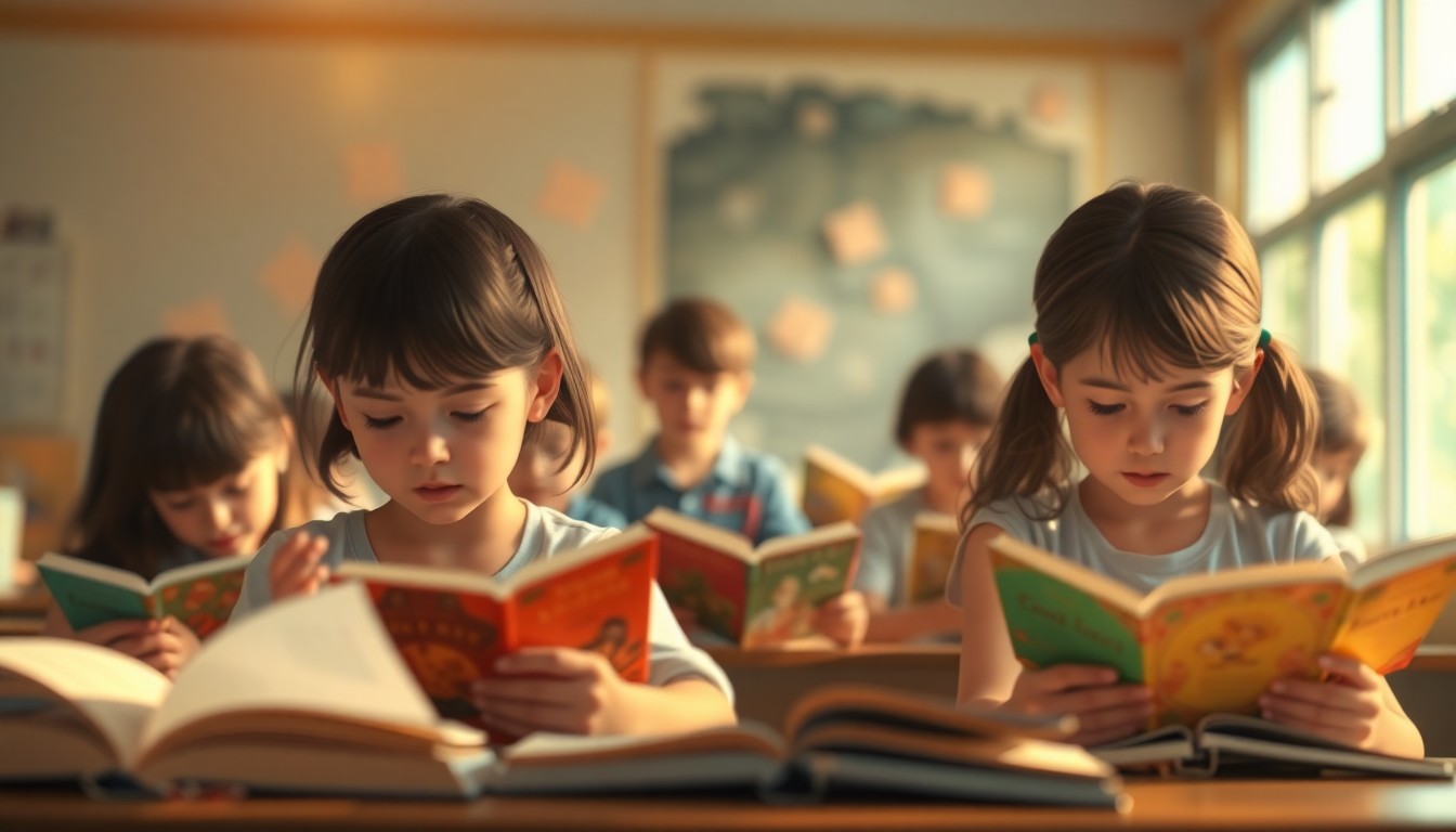 An abstract, impressionistic scene of blurred, colorful shapes representing students engaged in reading activities, conveying a sense of warmth, learning, and potential.