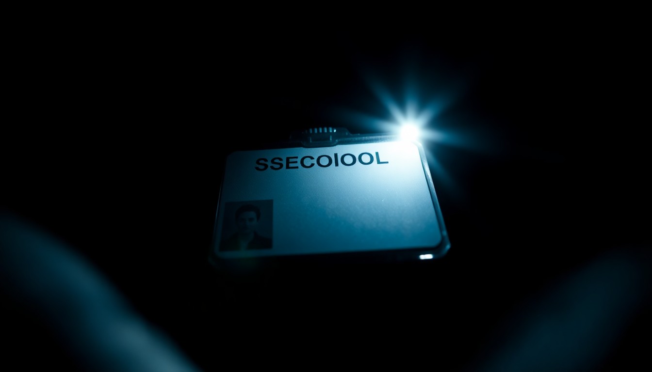 An extreme close-up photograph of a school security badge, capturing the harsh, gritty texture and dramatic lighting to convey the serious, investigative nature of this incident.