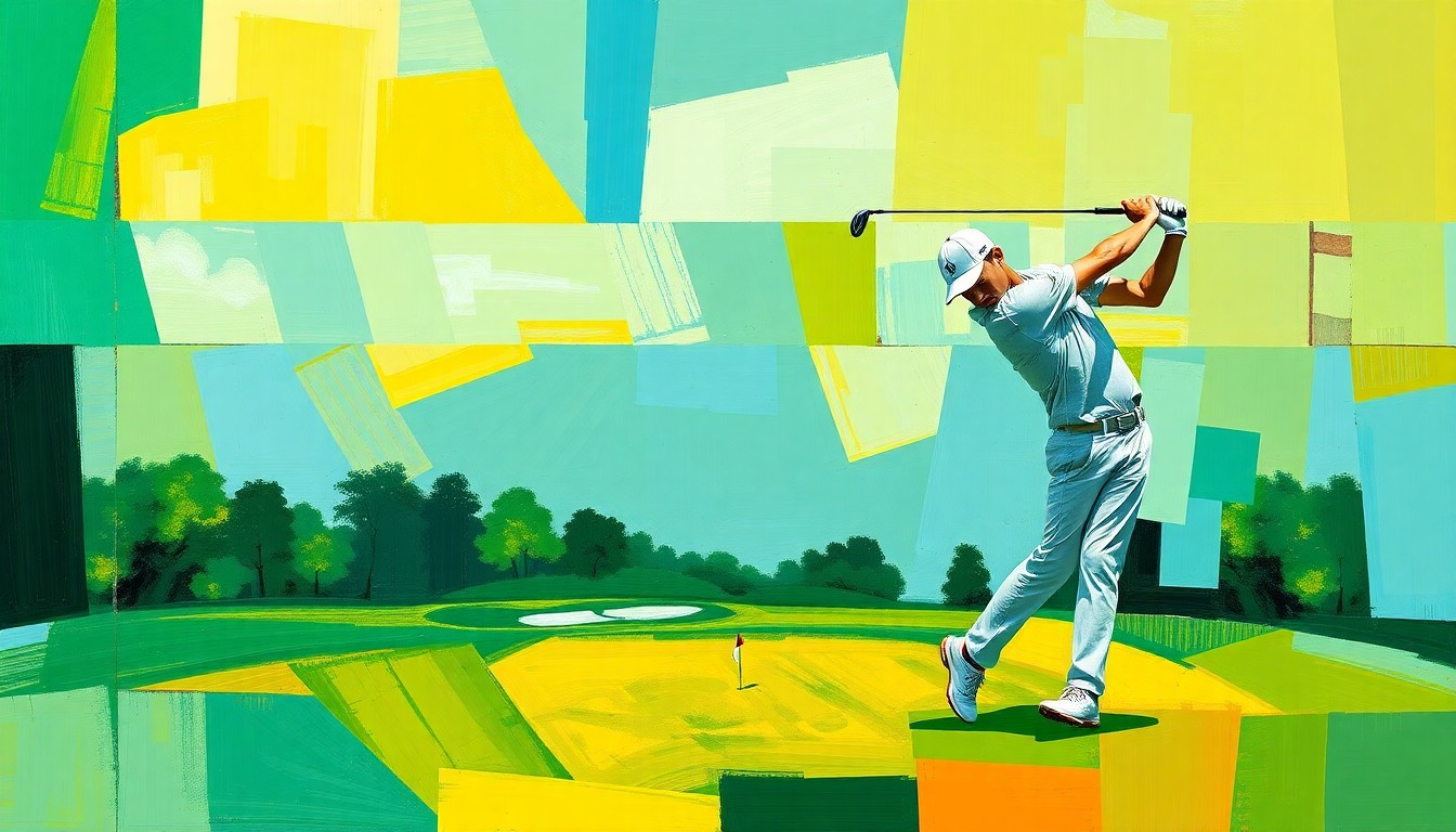 A cubist, geometric painting depicting Rory McIlroy's golf swing and the Masters tournament in a palette of emerald green, sky blue, and golden yellow, conveying the energy and dynamism of the event.