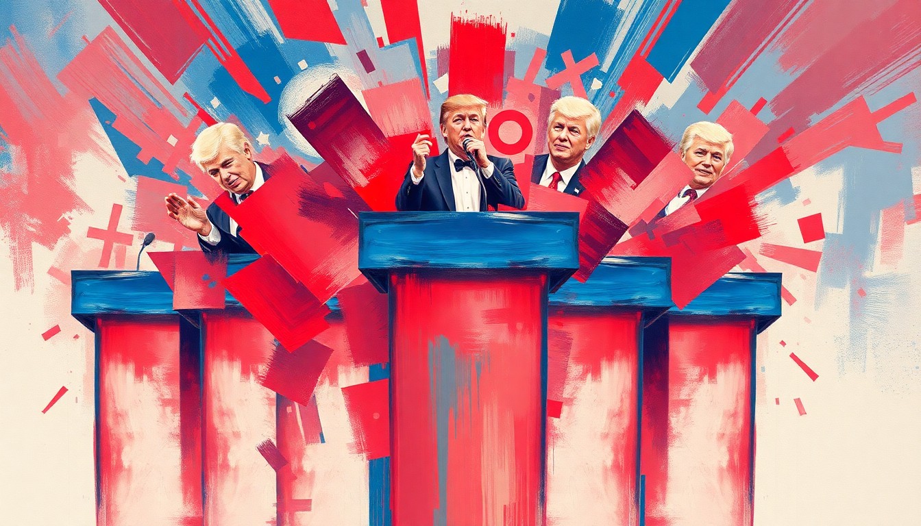 A dynamic, abstract painting of a politician's podium in red, white, and blue, with the podium repeating and overlapping in a sense of motion and instability, conceptually representing the political challenges around invoking the 25th Amendment.