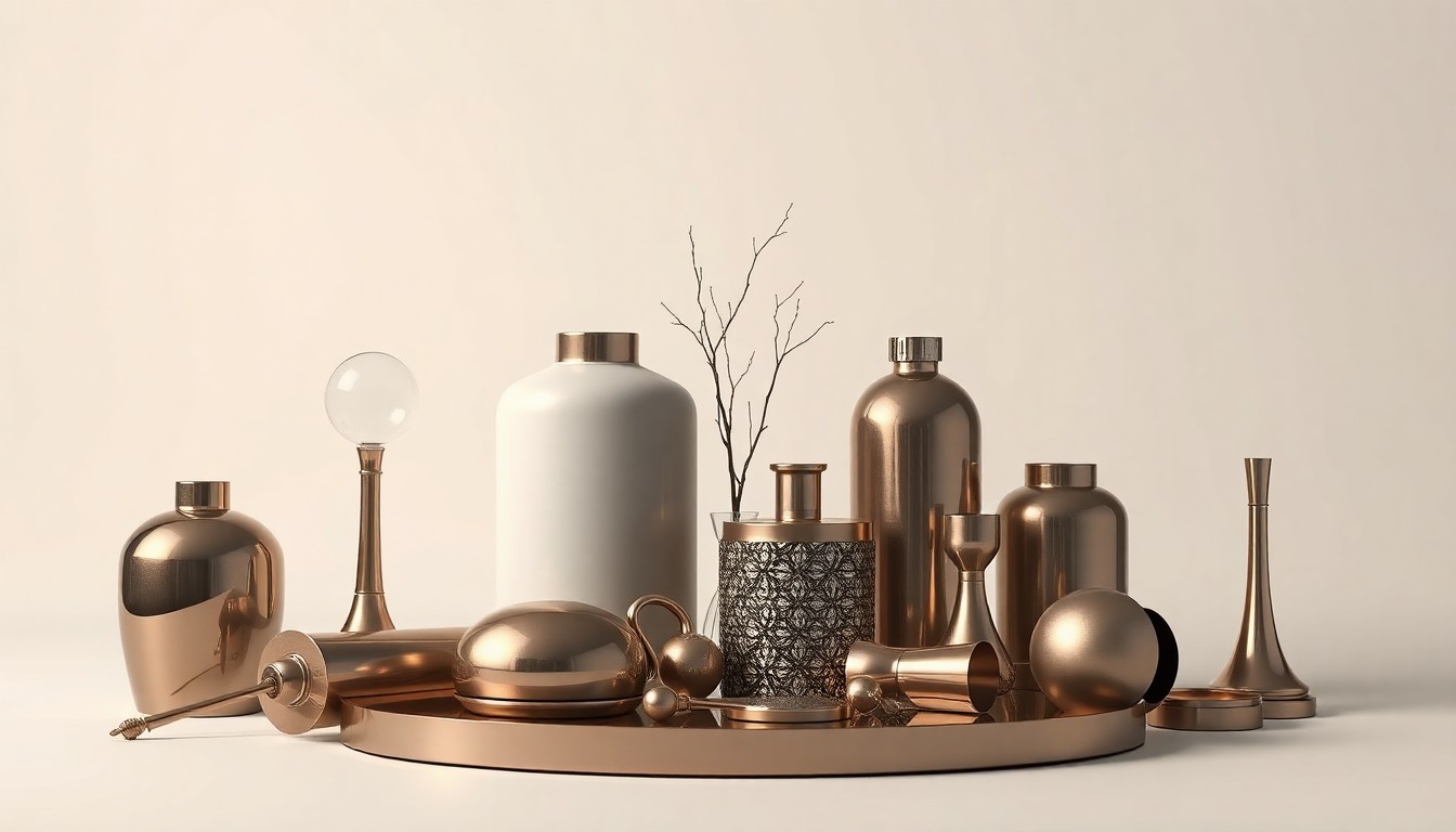 A minimalist studio photograph featuring a collection of polished, geometric objects arranged elegantly on a clean, monochromatic background, representing the abstract concepts of civic pride, community engagement, and urban revitalization.