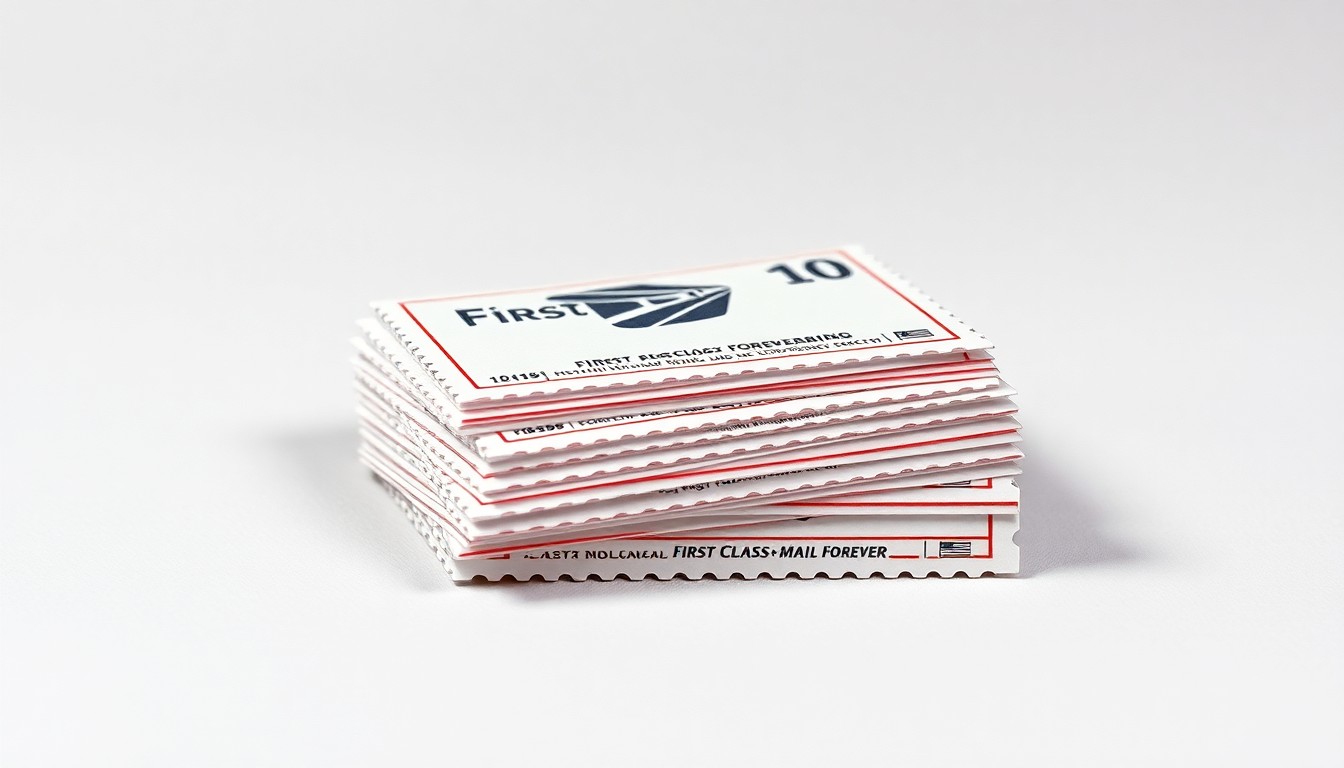 A high-end, photorealistic studio still-life photograph featuring a stack of pristine First-Class Mail Forever stamps in a muted color palette, resting on a clean, monochromatic seamless background. The stamps are arranged elegantly, using sharp, dramatic studio lighting and deep shadows to conceptually represent the abstract financial challenges facing the U.S. Postal Service.